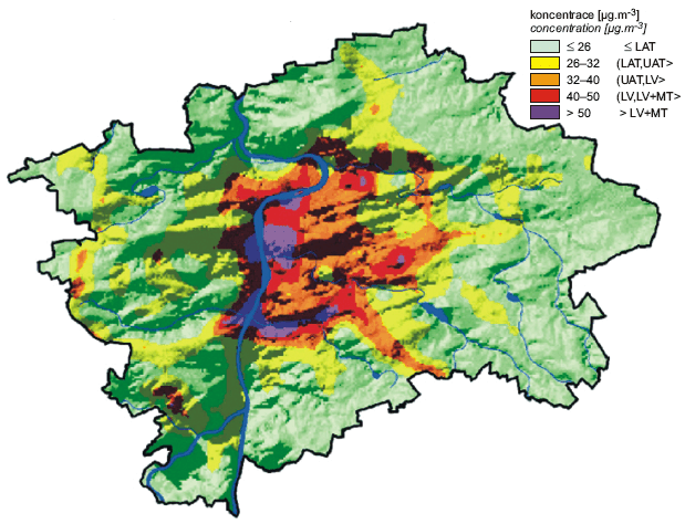 Obr. Pole roční koncentrace NO2 (3D zobrazení), aglomerace Praha, 2005 