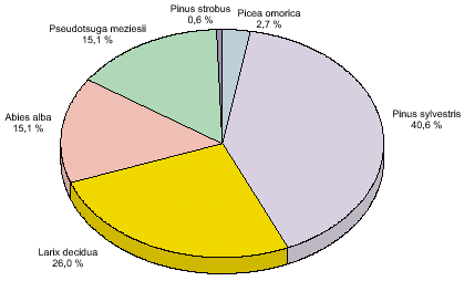 obr. jehličnaté stromy – výsadby ve stávajících lesích, podle druhu, 2005