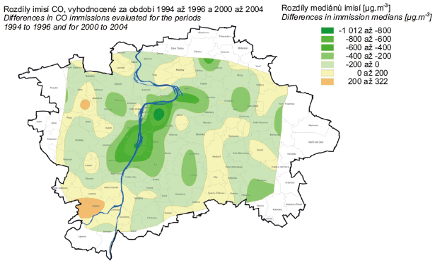 Rozdílové mapy CO, NO2, PM10 a mapa hodnot NO/NO2 zpracovaná pro druhou etapu měření