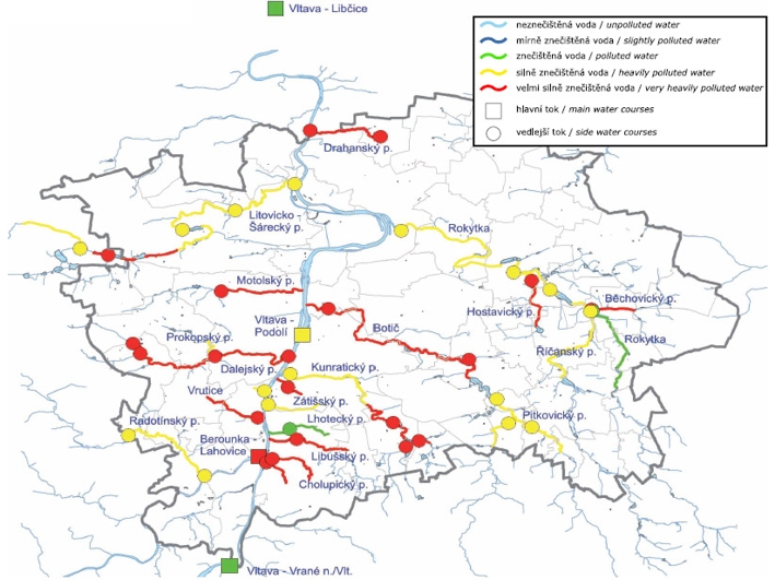 Sledované profily na povrchových tocích a výsledné třídy jakosti (Vltava a Berounka podle údajů za období 2011 - 2012, potoky podle údajů za období 2010-2011)