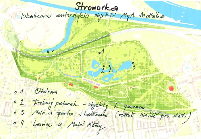 Umístění nových autorských objektů MgA. Sedláka ve Stromovce, orientační mapka